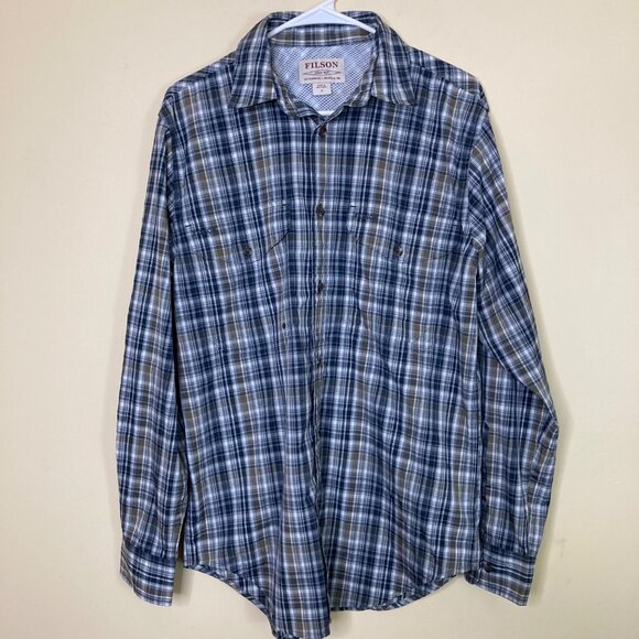 Filson Other - Filson Fishing Shirt Mens Small Navy Blue White Tan Plaid Lightweight Vented